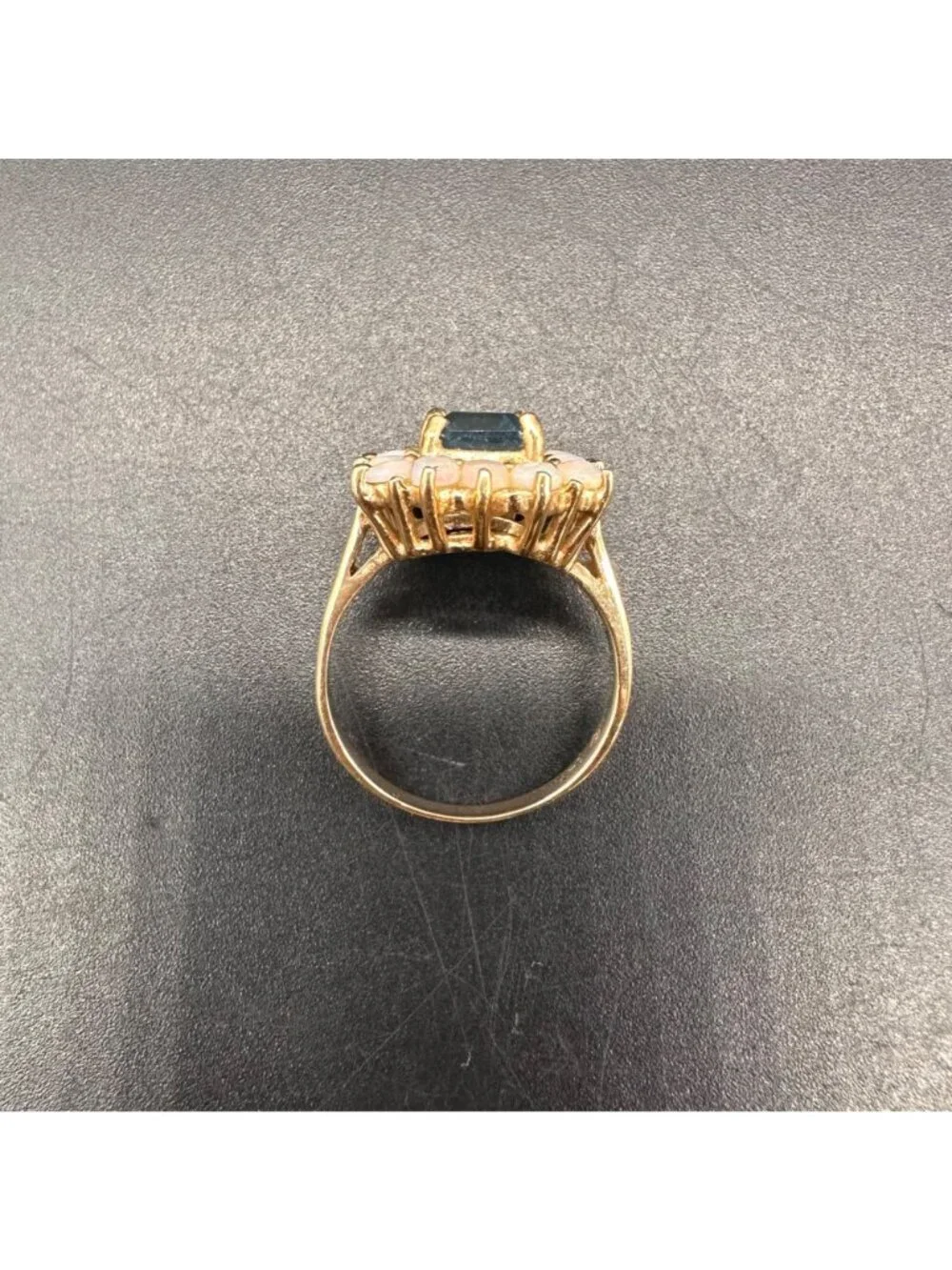 Vintage Ring 14k Yellow Gold Blue Topaz Opal Cabochons Cocktail Size 5.5 Retro